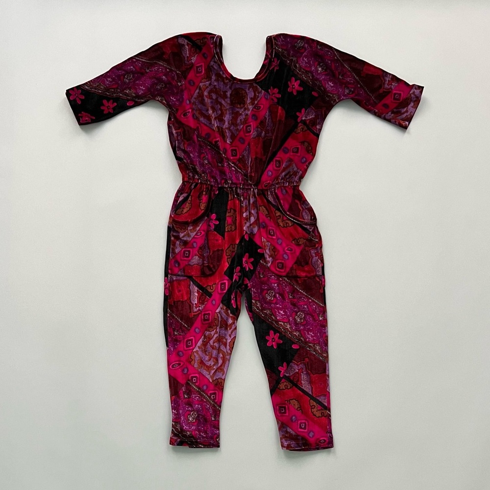Ultra Violet: Stretch Velvet Romper w pockets Girl 5yr (boutique designer LA)